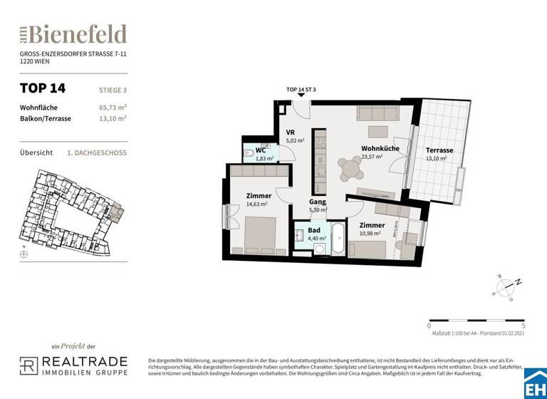 Wohnung zum Kauf - Erstbezug 388.700 € 3 Zimmer 65,7 m² 2. Geschoss Wimpffengasse Wien 1220