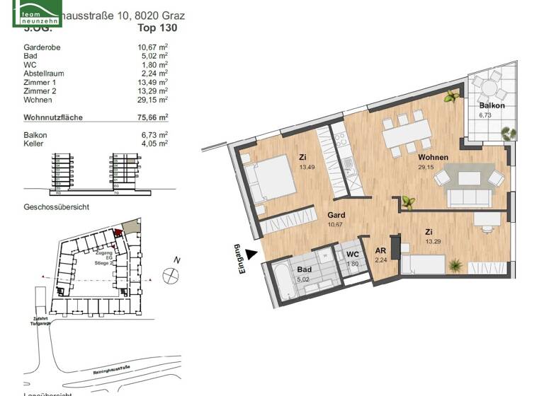 Wohnung zur Miete 882 € 3 Zimmer 75,7 m² 5. Geschoss Reininghausstraße 10 Eggenberg Graz 8020