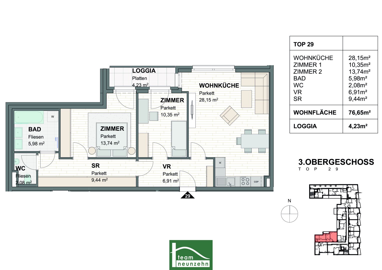 Wohnung zur Miete 815 € 3 Zimmer 76,1 m²<br/>Wohnfläche 3.<br/>Geschoss Julius Raab-Promenade 31-35 St. Pölten St. Pölten 3100