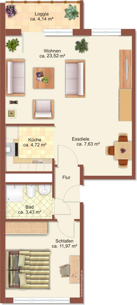 Wohnung zur Miete 339 € 2 Zimmer 56,3 m²<br/>Wohnfläche 6.<br/>Geschoss Wenzel-Verner-Straße 3 Helbersdorf 612 Chemnitz 09120