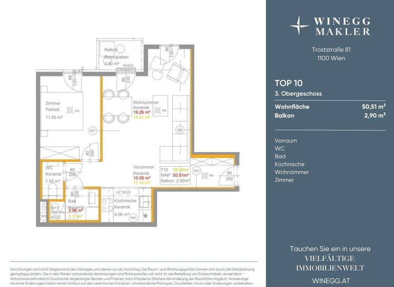 Wohnung zur Miete - Erstbezug 909 € 2 Zimmer 50,5 m² 3. Geschoss Troststraße 81 Wien 1100