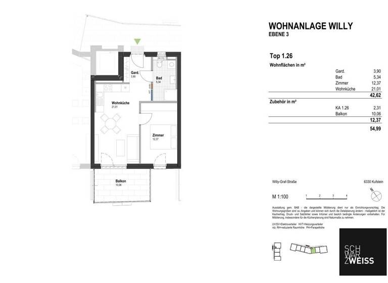 Wohnung zum Kauf - Erstbezug 299.000 € 2 Zimmer 42,6 m² 3. Geschoss Kufstein 6330