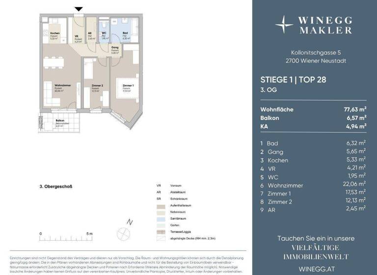 Wohnung zur Miete - Erstbezug 940 € 3 Zimmer 77,6 m² 3. Geschoss Kollonitschgasse 5 Wiener Neustadt 2700