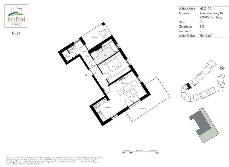 Wohnung zur Miete 1.423 € 2 Zimmer 76,5 m² EG Kuehnbachring 16 Jenfeld Hamburg 22045