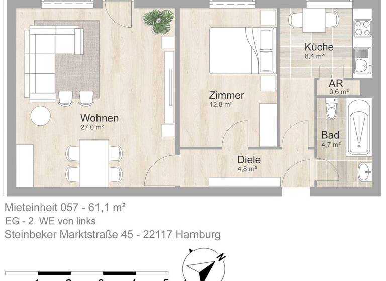 Wohnung zur Miete 766 € 2 Zimmer 61,1 m² EG frei ab 01.02.2026 Steinbeker Marktstr. 45 Billstedt Hamburg 22117