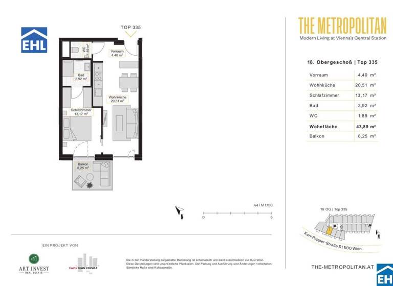 Wohnung zur Miete 781 € 2 Zimmer 43,9 m² 18. Geschoss frei ab sofort Wien 1100