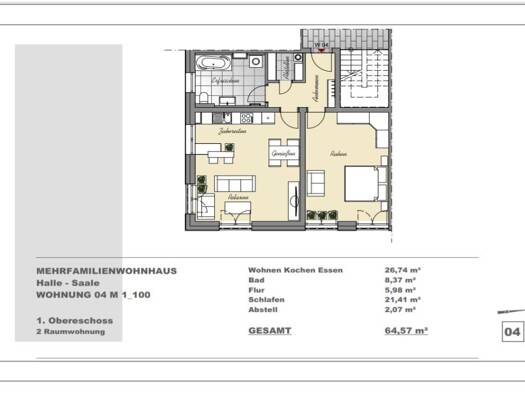 Wohnung zur Miete 872 € 2 Zimmer 64,6 m² 4 Geschosse frei ab 01.12.2026 Kröllwitz West 06120