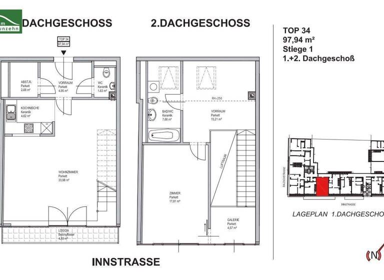 Wohnung zur Miete 1.310 € 2 Zimmer 93,1 m² Innstraße 23 Wien 1200