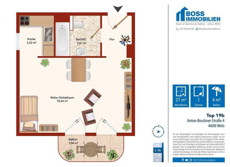 Studio zur Miete 325 € 1 Zimmer 27 m² 2. Geschoss Anton-Bruckner-Straße 4 Bernardin Wels 4600