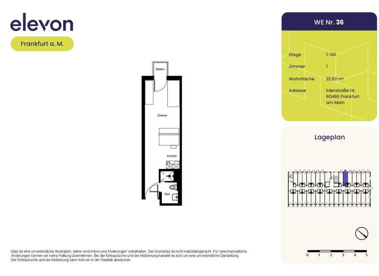 Studio zur Miete 530 € 1 Zimmer 23,6 m² 1. Geschoss Ederstraße 14 Bockenheim Frankfurt am Main 60486