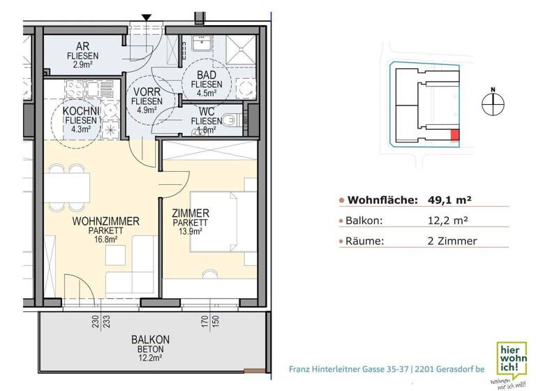 Wohnung zur Miete 895 € 2 Zimmer 49,1 m² 1. Geschoss frei ab 01.05.2026 Thomas Scheider Gasse 16-18 Gerasdorf bei Wien 2201
