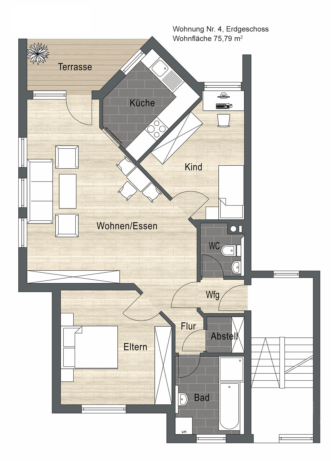 Terrassenwohnung zum Kauf provisionsfrei 209.000 € 3 Zimmer 75,8 m²<br/>Wohnfläche EG<br/>Geschoss Im Rinnig 8 Satteldorf Satteldorf 74589