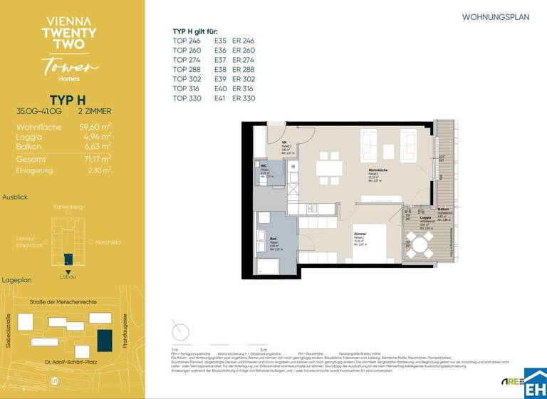 Wohnung zur Miete - Erstbezug 1.072 € 2 Zimmer 59,6 m² 36. Geschoss frei ab sofort Wien 1220