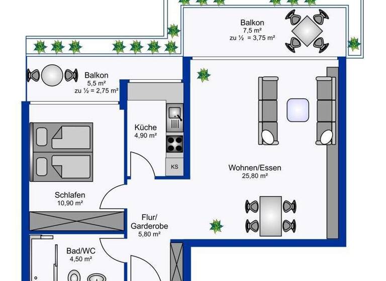 Wohnung zur Miete 1.100 € 2 Zimmer 58,4 m² 4. Geschoss Mörfelden Mörfelden-Walldorf 64546