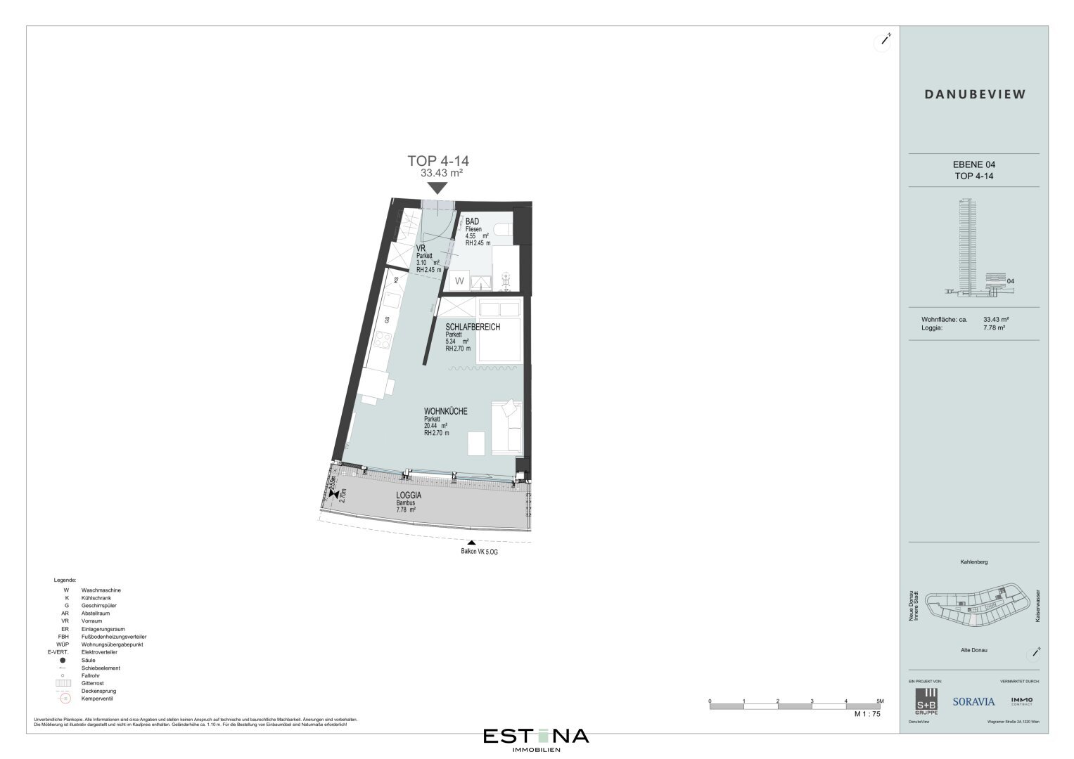 Wohnung zur Miete 714 € 1 Zimmer 33,5 m²<br/>Wohnfläche 4.<br/>Geschoss Wagramer Straße Wien 1220