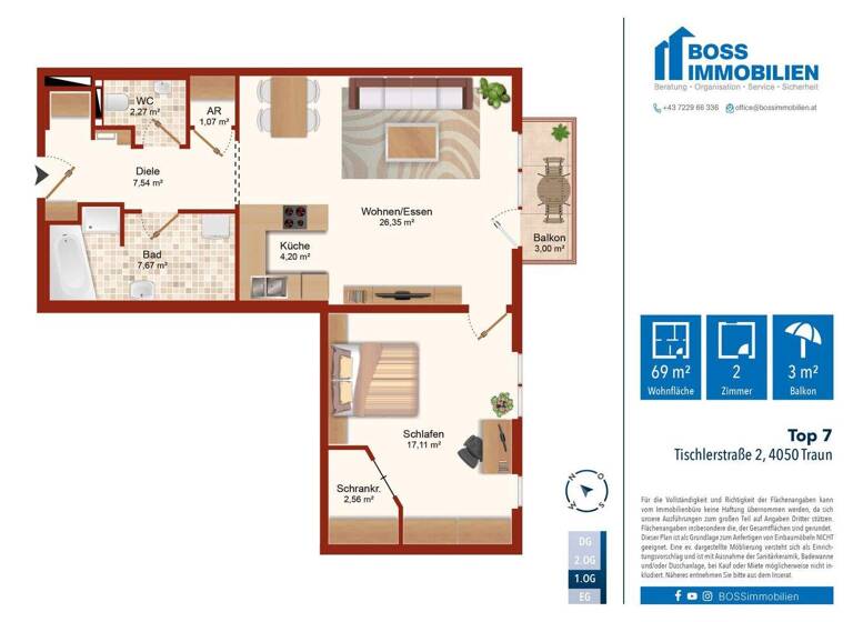 Wohnung zum Kauf 249.000 € 2 Zimmer 68,8 m² 1. Geschoss Tischlerstraße 2 Traun 4050