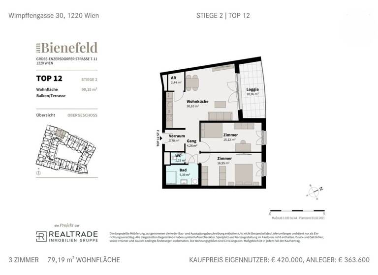 Wohnung zum Kauf 449.000 € 3 Zimmer 79,2 m² Wien 1220