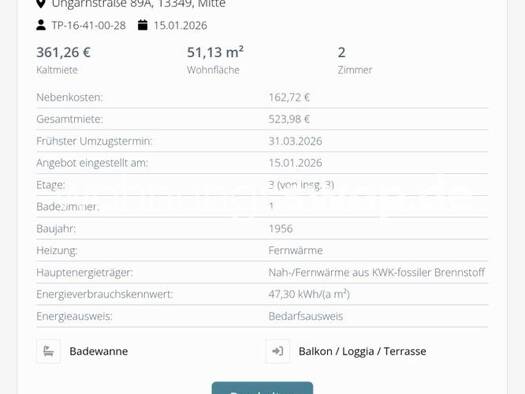 Wohnung zur Miete Tauschwohnung 361 € 2 Zimmer 51 m² 3. Geschoss Wedding Mitte 13349