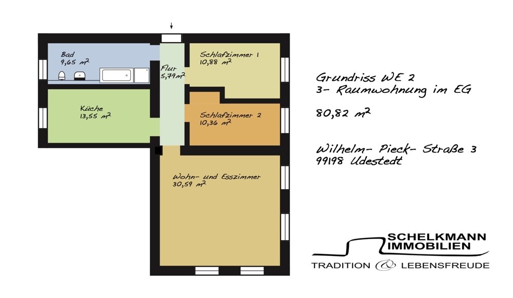 Wohnung zur Miete 631 € 3 Zimmer 80,8 m²<br/>Wohnfläche EG<br/>Geschoss Wilhelm- Pieck- Straße 3 Udestedt 99198