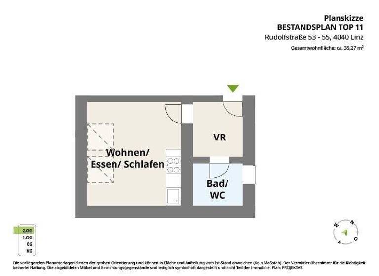 Studio zur Miete 443 € 1 Zimmer 35,3 m² frei ab 01.04.2026 Rudolfstraße 53 - 55 Urfahr Linz 4040