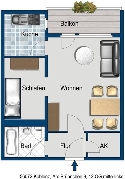 Wohnung zur Miete 457 € 1,5 Zimmer 41,5 m²<br/>Wohnfläche 12.<br/>Geschoss 19.04.2025<br/>Verfügbarkeit Am Brünnchen 9 Metternich 9 Koblenz 56072