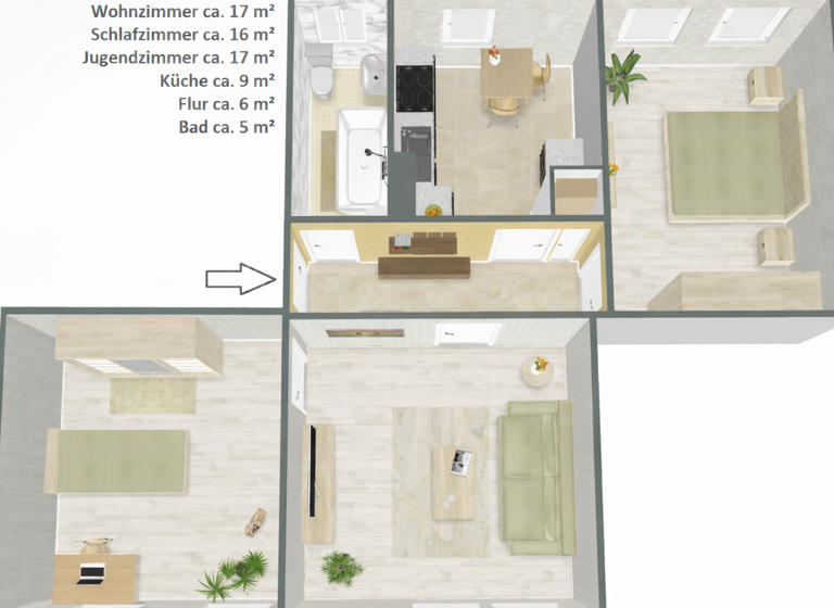 Wohnung zur Miete 425 € 2 Zimmer 69,5 m² 2. Geschoss frei ab sofort Binnenhafenstraße 3 Trotha Halle (Saale) 06118