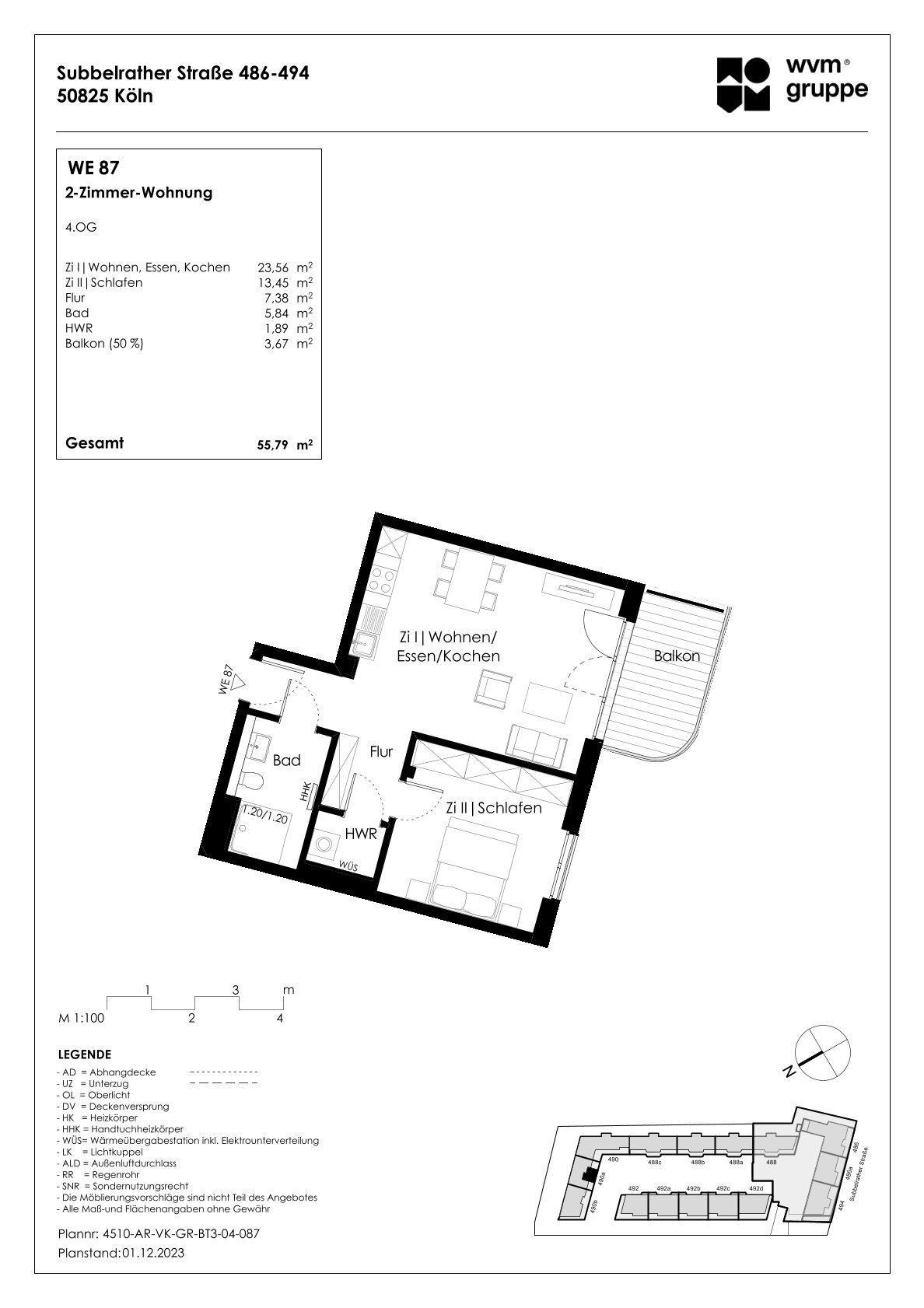 Wohnung zum Kauf provisionsfrei 407.455 € 2 Zimmer 55,8 m²<br/>Wohnfläche 4.<br/>Geschoss Subbelrather Str. 490a Ehrenfeld Köln 50825