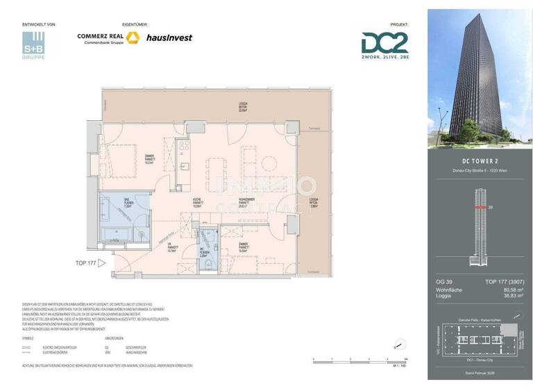 Wohnung zur Miete - Erstbezug 2.574 € 3 Zimmer 80,6 m² 39. Geschoss frei ab 01.11.2026 Wien 1220