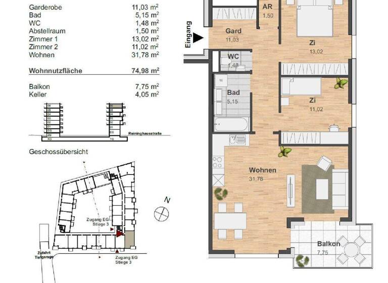 Wohnung zur Miete 884 € 3 Zimmer 75 m² 6. Geschoss Reininghausstraße 10 Eggenberg Graz 8020