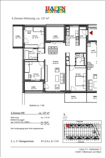 Wohnung zur Miete 1.100 € 4 Zimmer 127 m²<br/>Wohnfläche ab sofort<br/>Verfügbarkeit Hafenplatz Kaiserlei Offenbach am Main 63067