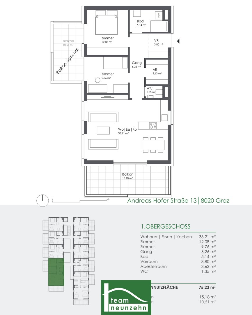 Wohnung zum Kauf 426.453 € 3 Zimmer 75,9 m²<br/>Wohnfläche 1.<br/>Geschoss Andreas-Hofer-Straße 13 Eggenberg Graz 8020