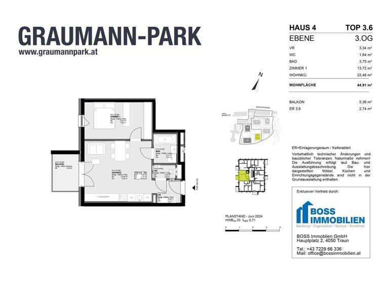 Wohnung zum Kauf - Erstbezug 274.600 € 2 Zimmer 44,9 m² 3. Geschoss Graumannpark 4 Traun 4050