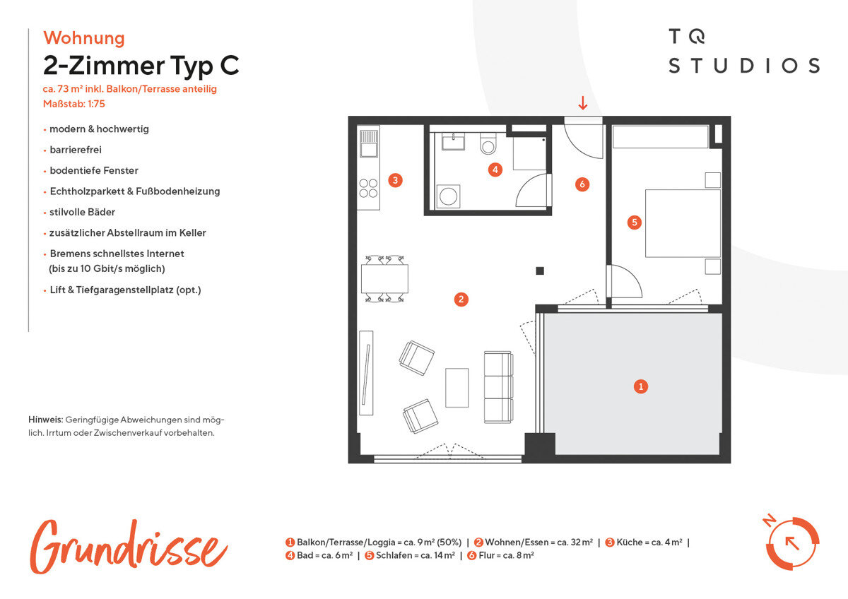 Wohnung zur Miete 1.043 € 2 Zimmer 73,2 m²<br/>Wohnfläche Am Tabakquartier 20-22 Woltmershausen Bremen 28197