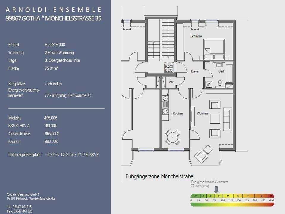Wohnung zur Miete 495 € 2 Zimmer 75 m²<br/>Wohnfläche 3.<br/>Geschoss ab sofort<br/>Verfügbarkeit Mönchelsstraße 35 Gotha Gotha 99867
