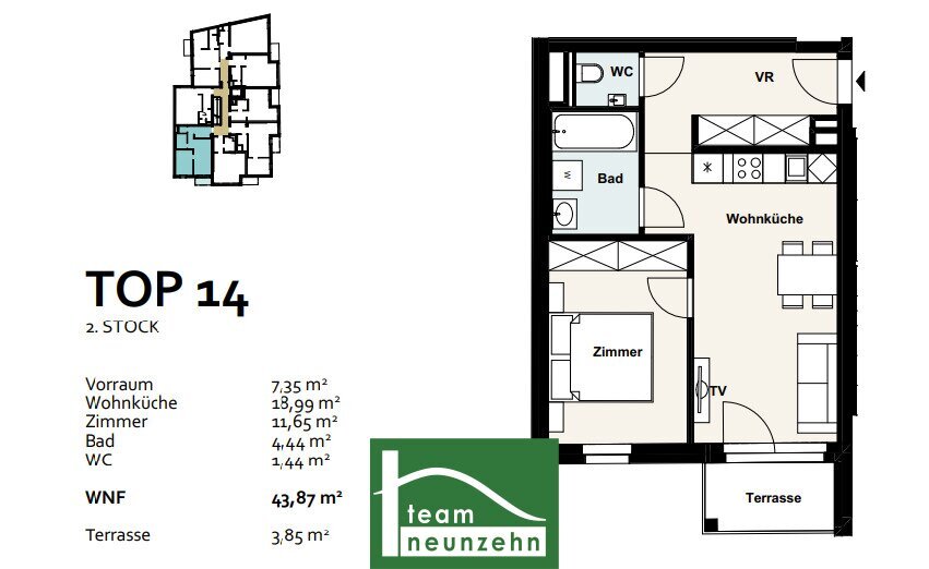 Wohnung zum Kauf 299.842 € 2 Zimmer 43,6 m²<br/>Wohnfläche 2.<br/>Geschoss Baumergasse 2a Wien 1210