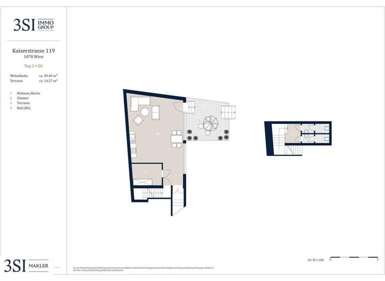 Studio zum Kauf 299.000 € 2 Zimmer 59,5 m² EG Kaiserstraße Wien 1070