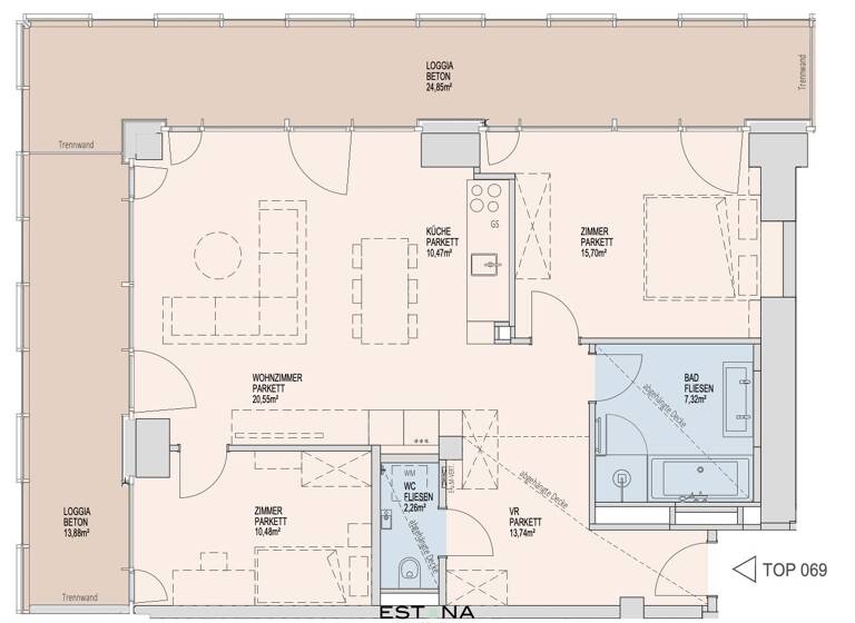 Wohnung zur Miete - Erstbezug 1.933 € 3 Zimmer 80,5 m² 33. Geschoss Donau-City-Straße Wien 1220
