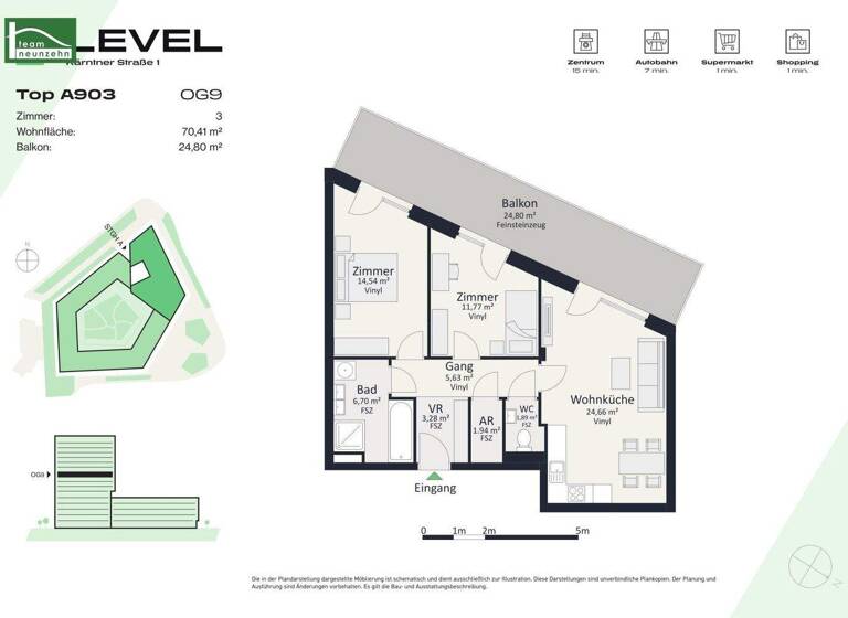 Wohnung zur Miete - Erstbezug 914 € 3 Zimmer 70,4 m² 9. Geschoss frei ab 01.05.2026 Kärntner Straße 1 Gries Graz 8020