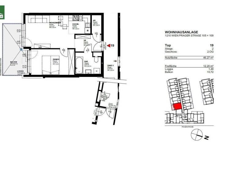 Wohnung zur Miete 639 € 2 Zimmer 38,8 m² 5. Geschoss frei ab sofort Prager Straße 105 + 109 Wien 1210