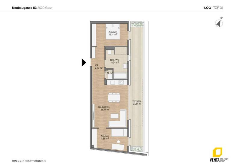 Penthouse zur Miete 1.000 € 3 Zimmer 66,7 m² 4. Geschoss frei ab 01.06.2026 Neubaugasse 53 Lend Graz 8020