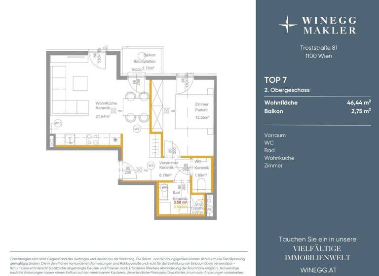 Wohnung zur Miete - Erstbezug 836 € 2 Zimmer 46,4 m² 2. Geschoss Troststraße 81 Wien 1100