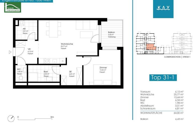 Wohnung zur Miete 937 € 2 Zimmer 64 m² 5. Geschoss frei ab 01.06.2026 Engerthstraße 61-63 Wien 1200