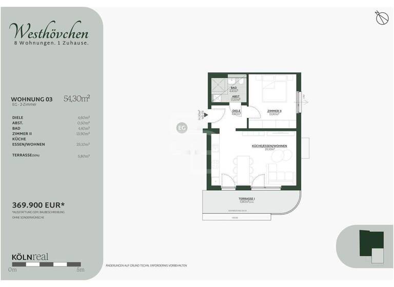 Wohnung zum Kauf - Erstbezug provisionsfrei 369.900 € 2 Zimmer 54,3 m² EG Oberstraße 55 Westhoven Köln 51149