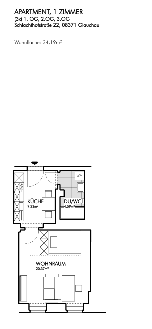 Wohnung zur Miete 274 € 1 Zimmer 34,2 m²<br/>Wohnfläche 1.<br/>Geschoss Glauchau Glauchau 08371