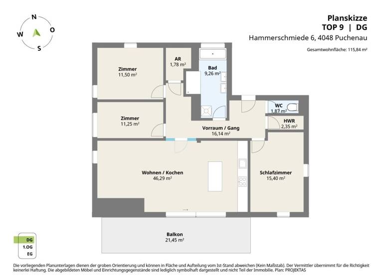 Wohnung zur Miete 1.280 € 4 Zimmer 115,8 m² 2. Geschoss Hammerschmiede 6 Puchenau (Linz) 4048