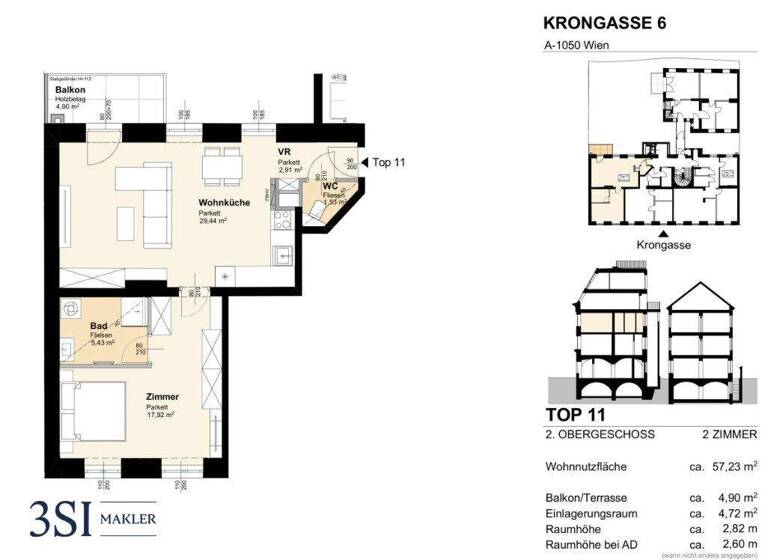 Terrassenwohnung zum Kauf - Erstbezug 595.000 € 2 Zimmer 57,2 m² 2. Geschoss Krongasse 6 Wien 1050