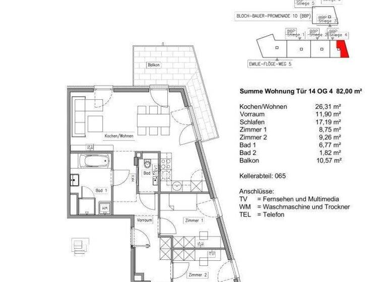 Wohnung zur Miete 1.541 € 4 Zimmer 82 m² 4. Geschoss Bloch Bauer Promenade 10 Wien 1100