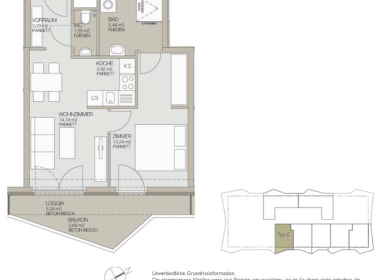 Wohnung zum Kauf 606.000 € 2 Zimmer 44 m² 19. Geschoss Wien 1210