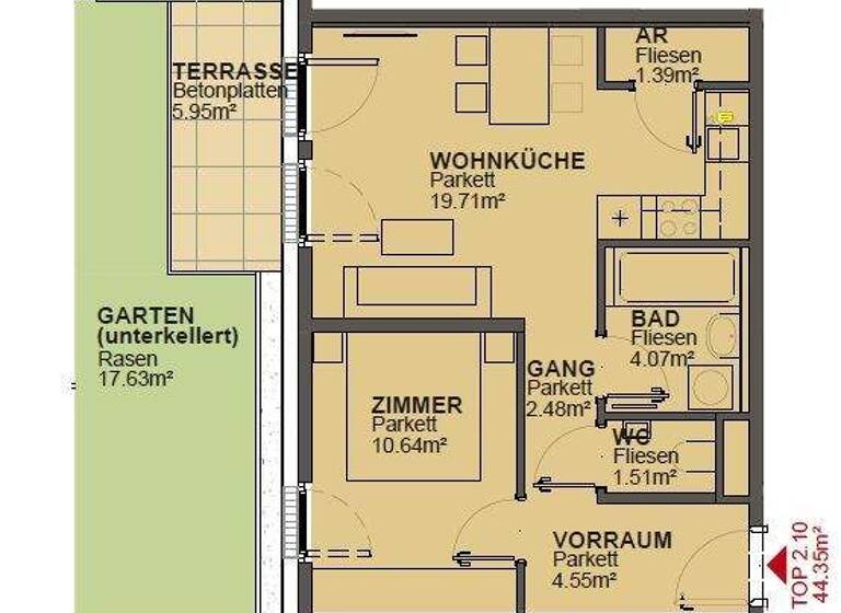 Wohnung zur Miete 643 € 2 Zimmer 44,4 m² Wien 1210