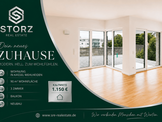 Wohnung zur Miete - Erstbezug 1.150 € 3 Zimmer 90 m² 3. Geschoss Wehlheiden Wehlheiden 34121